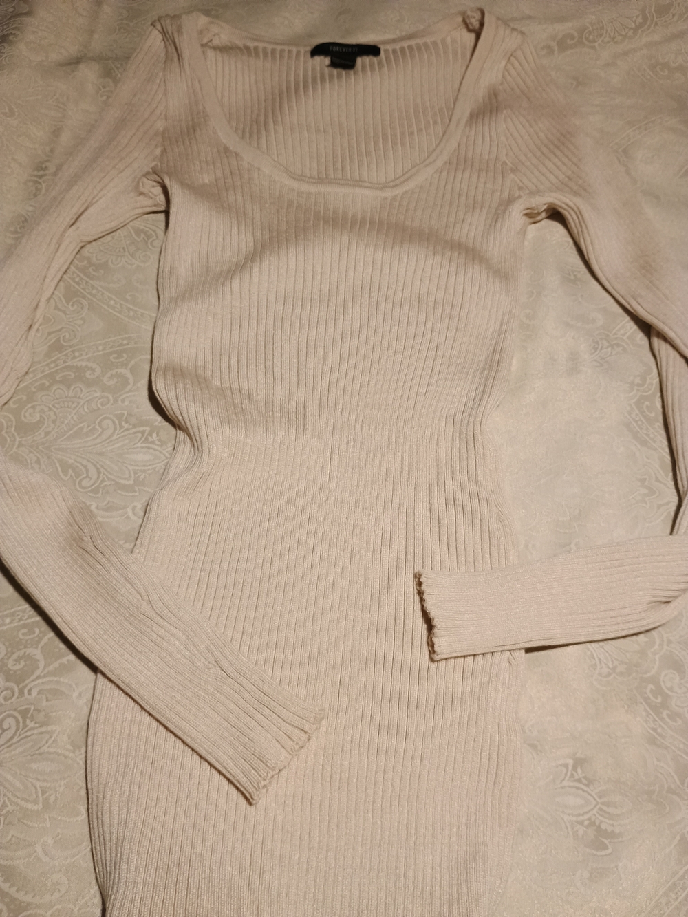 Forever 21 Cream Ribbed Scoop Neck Long-Sleeve Sweater